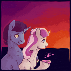 Size: 2000x2000 | Tagged: safe, artist:buttersflutterscotch, imported from derpibooru, night light, twilight velvet, pony, unicorn, duo, female, grin, high res, male, mare, smiling, stallion