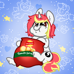 Size: 1000x1000 | Tagged: safe, artist:nootaz, imported from derpibooru, oc, oc:lazy sunday, pony, unicorn, chips, food, tomato ketchup