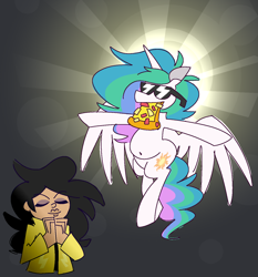 Size: 1266x1358 | Tagged: safe, artist:threetwotwo32232, imported from derpibooru, princess celestia, oc, oc:kana, alicorn, pony, belly, belly button, female, food, fupa, glasses, mare, pizza, praise the sun, praying, round belly