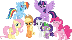 Size: 1163x649 | Tagged: safe, artist:georgegarza01, edit, edited screencap, editor:incredibubbleirishguy, imported from derpibooru, screencap, applejack, fluttershy, pinkie pie, rainbow dash, rarity, spike, twilight sparkle, twilight sparkle (alicorn), alicorn, dragon, earth pony, pegasus, pony, unicorn, ^^, background removed, eyes closed, happy, mane seven, mane six, not a vector, simple background, smiling, transparent background, winged spike, wings
