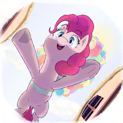 Size: 2560x2560 | Tagged: safe, artist:gorebox, imported from derpibooru, pinkie pie, earth pony, pony, balloon, eyebrows, eyebrows visible through hair, floating, frog (hoof), halftone, low angle, open mouth, open smile, smiling, solo, then watch her balloons lift her up to the sky, underhoof