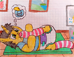 Size: 3890x2983 | Tagged: safe, artist:bitter sweetness, imported from derpibooru, oc, oc only, oc:bitter sweetness, pony, unicorn, abdl, adult foal, clothes, diaper, diaper fetish, diapered, fetish, graph paper, green eyes, hoof sucking, hooves, horn, imagining, male, non-baby in diaper, pacifier, playmat, simple background, smiling, socks, striped socks, thought bubble, traditional art, white background, wooden floor