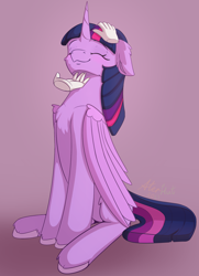 Size: 1450x2000 | Tagged: safe, artist:aterhut, imported from derpibooru, twilight sparkle, alicorn, pony, chest fluff, disembodied hand, ear fluff, eyes closed, female, floppy ears, folded wings, hand, hooves, large wings, mare, petting, sitting, smiling, solo, twilight sparkle (alicorn), unshorn fetlocks, wings