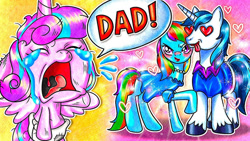 Size: 686x386 | Tagged: safe, artist:annie korea, imported from ponybooru, princess flurry heart, rainbow dash, shining armor, alicorn, pegasus, pony, unicorn, baby, baby pony, clothes, crying, diaper, father and child, father and daughter, female, heart, heart eyes, infidelity, male, mare, parent and child, sad, speech bubble, stallion, tongue out, unshorn fetlocks, wat, wingding eyes, youtube link