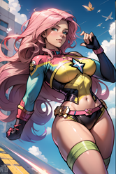 Size: 1360x2048 | Tagged: safe, imported from derpibooru, fluttershy, butterfly, human, ai content, ai generated, belly button, breasts, busty fluttershy, captain marvel (marvel), dc comics, generator:seaart.ai, humanized, marvel, marvel comics, midriff, prompter:neondash, sky, supergirl