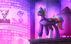 Size: 2560x1600 | Tagged: safe, artist:chamommile, imported from derpibooru, oc, oc only, oc:tornado turbulence, pegasus, pony, breaking news, city, clothes, exploitable meme, full body, grey skin, looking at each other, looking at someone, meme, news, night, pegasus oc, purple eyes, roof, rooftop, skyscraper, smiling, smiling at each other, solo, wanted, wanted poster, wings