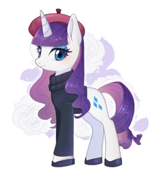 Size: 900x1000 | Tagged: safe, artist:hosikawa, imported from derpibooru, rarity, unicorn, beatnik rarity, beret, clothes, female, hat, looking at you, mare, simple background, solo, sweater, white background