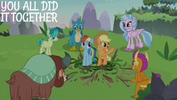 Size: 2000x1125 | Tagged: safe, edit, edited screencap, editor:quoterific, imported from derpibooru, screencap, applejack, gallus, ocellus, rainbow dash, sandbar, silverstream, smolder, yona, non-compete clause, student six