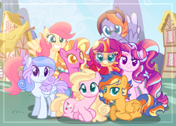 Size: 1023x731 | Tagged: safe, artist:shebasoda, imported from derpibooru, luster dawn, oc, oc:buttercream pie, oc:daydream spell, oc:dusk light, oc:honey bunny pie, oc:sapphire lace, oc:starglory magic, oc:sunlight spark, earth pony, pegasus, pony, unicorn, base used, blue eyes, brother and sister, closed mouth, coat markings, colored eyelashes, colored muzzle, colored pupils, colored wings, colored wingtips, dreamworks face, eyebrows, eyeshadow, facial markings, female, flying, folded wings, frown, glasses, golden eyes, gradient mane, grin, house, lidded eyes, looking at you, lying down, magical lesbian spawn, magical threesome spawn, makeup, male, mare, mountain, multicolored eyes, next generation, offspring, open mouth, parent:flash sentry, parent:fluttershy, parent:kerfuffle, parent:moondancer, parent:pinkie pie, parent:rarity, parent:starlight glimmer, parent:sunburst, parent:sunset shimmer, parent:trixie, parent:twilight sparkle, parents:flashimmer, parents:flutterpie, parents:rarifuffle, parents:stardancer, parents:startrix, parents:startrixdancer, parents:trixdancer, parents:twiburst, pink eyes, ponytail, ponyville, posing for photo, prone, purple eyes, raised eyebrow, round glasses, siblings, sisters, sky, smiling, snip (coat marking), spread wings, stallion, standing, star (coat marking), teal eyes, wings, yellow eyes