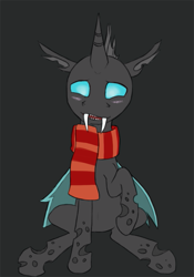 Size: 427x609 | Tagged: dead source, safe, artist:sparkyverve, imported from twibooru, changeling, blushing, clothes, concerned, fangs, gray background, image, png, raised hoof, scarf, simple background, sitting, solo