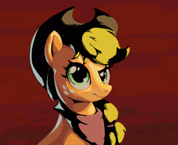 Size: 2493x2027 | Tagged: safe, artist:mandumustbasukanemen, imported from derpibooru, applejack, earth pony, pony, bust, female, hat, looking at you, mare, portrait, red background, red scarf, simple background, smiling, solo, stylized