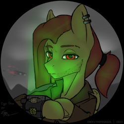 Size: 2000x2000 | Tagged: safe, artist:endelthepegasus, imported from derpibooru, oc, oc:zeleniy, pegasus, fallout equestria, clothes, ear piercing, looking at you, male, piercing, pipbuck, solo