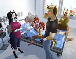 Size: 3300x2550 | Tagged: safe, artist:askbubblelee, imported from derpibooru, oc, oc:bonnie, oc:saanvi, oc:terran, anthro, earth pony, saddle arabian, unguligrade anthro, anthro oc, bed, clothes, earth pony oc, family, female, filly, flower, foal, hospital, hospital bed, male, mare, mother and child, mother and daughter, mother and son, pants, saddle arabian oc, shirt, smiling, stallion, story in the source, triplets, window