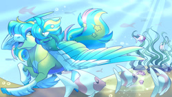 Size: 1024x576 | Tagged: safe, artist:uunicornicc, imported from twibooru, oc, oc only, fish, pegasus, pony, coat markings, colored hooves, commission, image, male, needs more jpeg, open mouth, smiling, solo, stallion, stars in mane, swimming, underwater