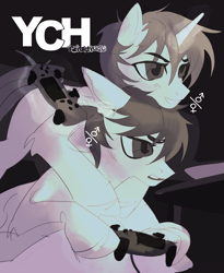 Size: 3024x3684 | Tagged: safe, artist:teturirusu, imported from derpibooru, oc, pony, unicorn, any gender, any race, any species, controller, duo, looking at something