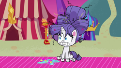 Size: 1280x720 | Tagged: safe, imported from derpibooru, rarity, pony, unicorn, my little pony: pony life, what goes updo, spoiler:pony life s02e17, alternate hairstyle, blue eyes, female, long hair, long mane, mare, messy mane, purple hair, purple mane, sitting, white fur