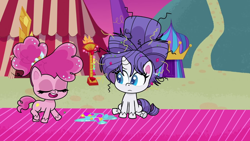 Size: 1280x720 | Tagged: safe, imported from derpibooru, screencap, pinkie pie, rarity, earth pony, unicorn, my little pony: pony life, what goes updo, spoiler:pony life s02e17, alternate hairstyle, female, long hair, long mane, mare, pink fur, pink mane, purple mane, sitting, white fur