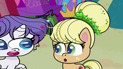 Size: 1280x720 | Tagged: safe, imported from derpibooru, screencap, applejack, rarity, earth pony, pony, unicorn, my little pony: pony life, what goes updo, spoiler:pony life s02e17, alternate hairstyle, blonde hair, blonde mane, female, great moments in animation, mare, poggers, purple hair, purple mane, smear frame
