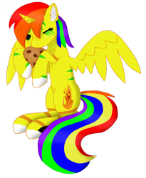 Size: 1010x1230 | Tagged: safe, artist:starfire dream, imported from derpibooru, oc, oc only, oc:grace seraph, alicorn, alicorn oc, chest fluff, cookie, cute, ear fluff, female, food, horn, mare, multicolored mane, multicolored tail, simple background, solo, spread wings, tail, transparent background, wings