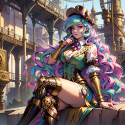 Size: 2048x2048 | Tagged: safe, imported from derpibooru, princess celestia, human, ai content, ai generated, boots, breasts, bridge, city, cityscape, clothes, dress, generator:seaart.ai, gold, hair, hat, humanized, jewelry, polydactyly, prompter:neondash, reasonably sized breasts, scenery, scenery porn, shoes, sitting, solo, steampunk, thigh boots