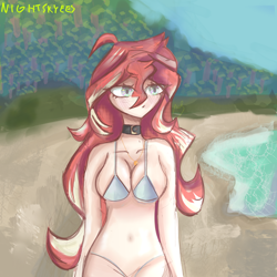 Size: 1000x1000 | Tagged: safe, artist:nightskyees, imported from derpibooru, sunset shimmer, human, equestria girls, background, beach, big eyes, bikini, bikini top, breasts, choker, clothes, hair, humanized, redraw, sand, solo, swimsuit, tree, water