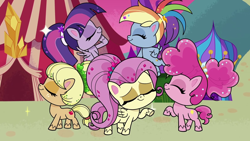 Size: 1280x720 | Tagged: safe, imported from derpibooru, screencap, applejack, fluttershy, pinkie pie, rainbow dash, rarity, twilight sparkle, alicorn, earth pony, pegasus, unicorn, my little pony: pony life, what goes updo, spoiler:pony life s02e17, alternate hairstyle, blonde mane, blue mane, mane six, multicolored hair, multicolored mane, pink mane, pose, purple mane, rainbow hair, twilight sparkle (alicorn)