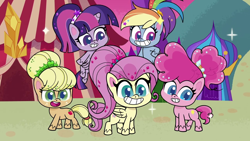 Size: 1280x720 | Tagged: safe, imported from derpibooru, screencap, applejack, fluttershy, pinkie pie, rainbow dash, twilight sparkle, alicorn, earth pony, pegasus, my little pony: pony life, what goes updo, spoiler:pony life s02e17, alternate hairstyle, blonde hair, blonde mane, blue eyes, blue hair, blue mane, green eyes, multicolored hair, multicolored mane, pink hair, pink mane, ponytail, purple eyes, purple hair, purple mane, smiling, twilight sparkle (alicorn), wings