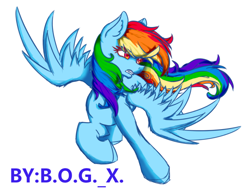 Size: 766x581 | Tagged: safe, artist:bogx, artist:果子, imported from derpibooru, rainbow dash, pegasus, pony, action pose, ear fluff, female, flying, gritted teeth, looking away, mare, simple background, solo, spread wings, teeth, turned head, white background, wings