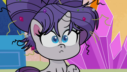 Size: 1280x720 | Tagged: safe, imported from derpibooru, screencap, rarity, pony, unicorn, my little pony: pony life, what goes updo, spoiler:pony life s02e17, alternate hairstyle, blue eyes, female, mare, messy hair, messy mane, purple hair, purple mane, raised hoof, stare, white fur