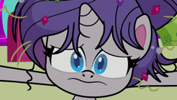 Size: 1280x720 | Tagged: safe, imported from derpibooru, screencap, rarity, unicorn, my little pony: pony life, what goes updo, spoiler:pony life s02e17, alternate hairstyle, blue eyes, eyelashes, frown, horn, looking at someone, messy hair, messy mane, purple hair, purple mane, pushing, white fur