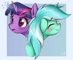 Size: 1885x1528 | Tagged: safe, artist:kaf_pone, imported from derpibooru, lyra heartstrings, twilight sparkle, pony, unicorn, fanfic:background pony, abstract background, blushing, bust, crying, duo, duo female, ear fluff, emanata, eyebrows, eyes closed, female, floppy ears, mare, open mouth, raised eyebrow, raised eyebrows, signature, smiling, wavy mouth