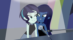 Size: 1920x1077 | Tagged: safe, artist:grapefruit-face, derpibooru exclusive, imported from derpibooru, screencap, coloratura, oc, oc:starlight pianissimo, equestria girls, bedroom eyes, canon x oc, duo, lidded eyes, looking at each other, looking at someone, musical instrument, piano, rule 63, shipping, spotlight