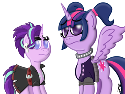 Size: 2160x1620 | Tagged: safe, artist:jesslmc16, imported from derpibooru, starlight glimmer, twilight sparkle, alicorn, unicorn, belt, buckle, choker, clothes, digital art, ear piercing, earring, emo, g4, jacket, jewelry, makeup, mascara, piercing, pigtails, procreate app, signature, skirt, skull