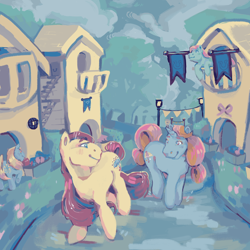 Size: 1280x1280 | Tagged: safe, artist:poniesart, imported from derpibooru, dewdrop dazzle, merriweather, spring (g2), earth pony, pony, unicorn, daffodil (g1), duo focus, g1, g2, g3, houses, walking