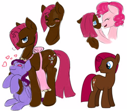 Size: 4000x3500 | Tagged: safe, artist:grace-likes-cake, imported from derpibooru, pinkie pie, oc, oc:gumdrop, unnamed oc, earth pony, pony, apron, blushing, boop, clothes, colt, female, foal, grin, heart, male, mare, mother and child, mother and son, no pupils, nose wrinkle, noseboop, offspring, open mouth, open smile, parent:cheese sandwich, parent:pinkie pie, parents:cheesepie, simple background, smiling, stallion, trio, white background