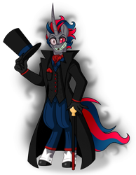 Size: 1560x2008 | Tagged: safe, artist:unoriginai, imported from derpibooru, oc, oc only, anthro, unicorn, anthro oc, aura, cane, clothes, crossover, crossover ship offspring, evil grin, grin, hat, mismatched eyes, offspring, parent:black hat (villainous), parent:princess celestia, simple background, smiling, top hat, transparent background