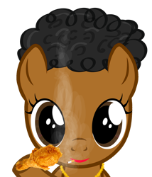 Size: 1250x1457 | Tagged: safe, anonymous artist, edit, imported from twibooru, bird, chicken, pony, afro, black mane, brown coat, brown eyes, female, filly, gold necklace, image, jewelry, lipstick, necklace, nigger, png, racism, red lipstick, solo, stereotype