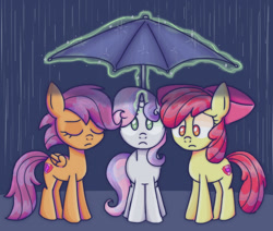 Size: 1000x849 | Tagged: safe, artist:felicitea, imported from derpibooru, apple bloom, scootaloo, sweetie belle, earth pony, pegasus, pony, unicorn, apple bloom's bow, bow, cutie mark, cutie mark crusaders, eyes closed, female, filly, foal, folded wings, frown, glowing, glowing horn, hair bow, horn, levitation, magic, magic aura, rain, sad, telekinesis, the cmc's cutie marks, trio, umbrella, wings