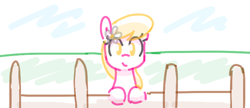 Size: 690x297 | Tagged: safe, artist:algoatall, lily, lily valley, earth pony, pony, female, fence, flower, gartic phone, looking at you, mare, simple background, smiling, white background