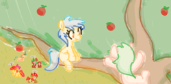 Size: 716x353 | Tagged: safe, artist:algoatall, apple bloom, apple flora, apple squash, babs seed, red june, sweet tooth, earth pony, pony, apple family reunion, apple, apple family member, apple tree, climbing, female, filly, food, gartic phone, plate spinning, tree