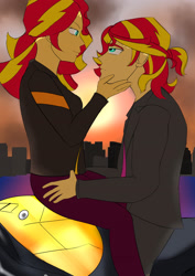 Size: 2480x3508 | Tagged: safe, artist:sh4deshad0w41, imported from derpibooru, sunset shimmer, human, equestria girls, duo, female, hand on chin, hand on face, hand on hip, looking at each other, looking at someone, male, motorcycle, rule 63, self paradox, self ponidox, selfcest, shipping, straight, sunglare, sunset glare