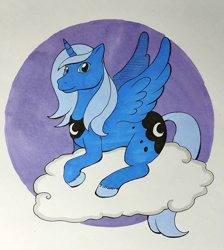 Size: 1148x1280 | Tagged: safe, artist:darkhestur, imported from derpibooru, princess luna, alicorn, cloud, g1 style, marker drawing, on a cloud, simple background, sitting, sitting on a cloud, solo, traditional art