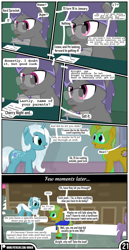 Size: 1519x2942 | Tagged: safe, artist:mrkm, imported from derpibooru, oc, oc only, oc:black writ, oc:electric silver light, oc:hard sprocket, pegasus, pony, unicorn, comic:synthesis, dialogue, facial hair, female, glasses, goatee, horn, looking at each other, looking at someone, male, mare, open mouth, paper, pegasus oc, pencil, snow, speech bubble, stairs, stallion, unicorn oc, unshorn fetlocks, wing hold, wings