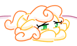 Size: 442x265 | Tagged: safe, artist:algoatall, carrot top, golden harvest, earth pony, pony, female, floppy ears, gartic phone, looking at you, lying down, mare, simple background, solo, white background