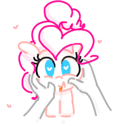 Size: 365x398 | Tagged: safe, artist:algoatall, pinkie pie, earth pony, human, pony, disembodied hand, drool, female, first person view, gartic phone, hand, happy, heart, heart eyes, looking at you, mare, offscreen character, open mouth, pov, rubbing cheeks, simple background, tongue out, white background, wingding eyes