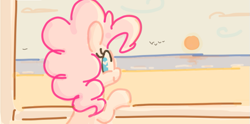 Size: 715x356 | Tagged: safe, artist:algoatall, pinkie pie, earth pony, pony, beach, female, gartic phone, heart eyes, looking at you, looking back, mare, ocean, smiling, solo, sunset, wingding eyes