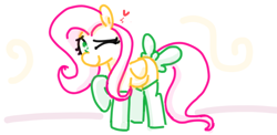 Size: 712x348 | Tagged: safe, artist:algoatall, fluttershy, pegasus, pony, bow, clothes, female, gartic phone, heart, heart eyes, looking at you, mare, one eye closed, simple background, smiling, socks, tail bow, white background, wingding eyes, wink