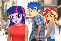 Size: 2500x1667 | Tagged: safe, imported from derpibooru, flash sentry, sunset shimmer, twilight sparkle, human, equestria girls, angry, distracted boyfriend meme, female, girlfriend, male, meme, smiling, sunset shimmer is not amused, unamused