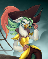 Size: 1596x1959 | Tagged: safe, artist:kanika-png, imported from derpibooru, captain celaeno, anthro, bird, parrot pirates, my little pony: the movie, female, hand on hip, ornithian, pirate, ship, signature, smiling, smirk, solo