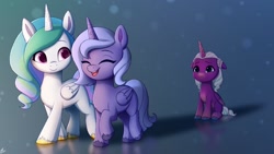 Size: 1280x720 | Tagged: safe, artist:luminousdazzle, imported from derpibooru, opaline arcana, princess celestia, princess luna, alicorn, pony, spoiler:g5, spoiler:my little pony: make your mark, spoiler:my little pony: make your mark chapter 4, spoiler:mymc04e04, cewestia, cute, female, filly, filly celestia, filly luna, filly opaline arcana, floppy ears, foal, folded wings, g4, g5, mood contrast, my little pony: make your mark, my little pony: make your mark chapter 4, opalinebetes, open mouth, open smile, rejection, royal sisters, sad, sadorable, scene interpretation, siblings, sisters, sitting, smiling, sunny side up, trio, unshorn fetlocks, walking, walking away, wings, woona, younger